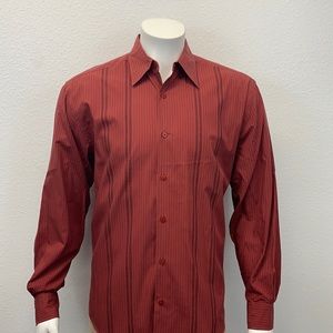 Centro Red Guayabera Striped Stitched Dress Shirt